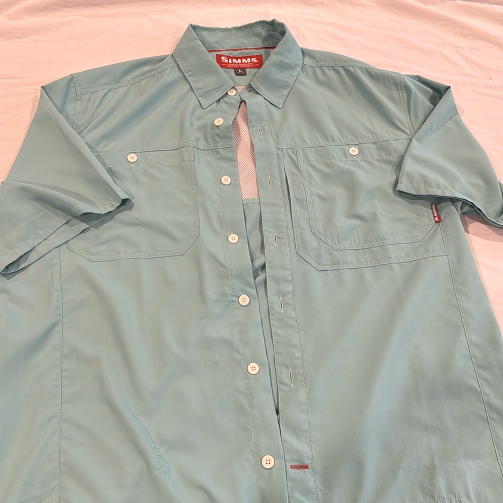 Mens simms fishing shirt short sleeve size large green